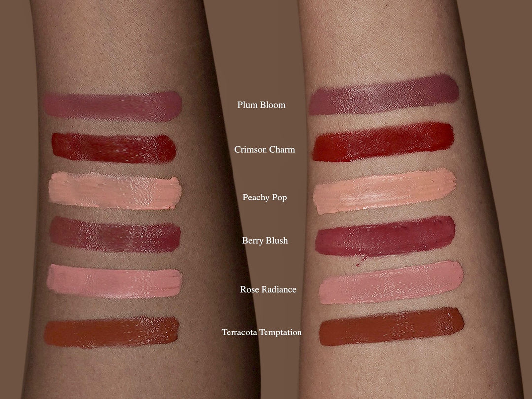 Peachy Pop - LC21, Berry Blush - LC18, Terracotta Temptation - LC19, Rose Radiance - LC20, Crimson Charm - LC22, Plum Bloom - LC23